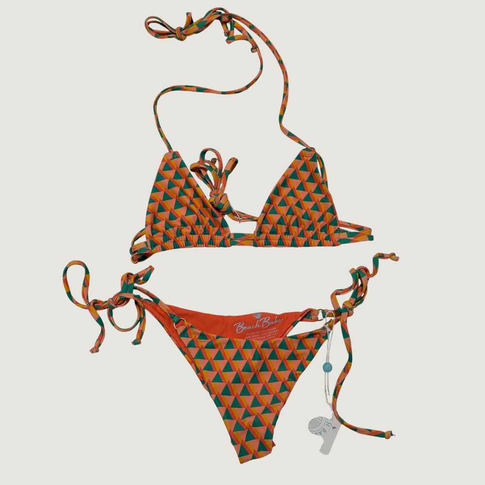 Beach Babe Swimwear Triangle Bikini Set Orange Geometric Womens XS NWT